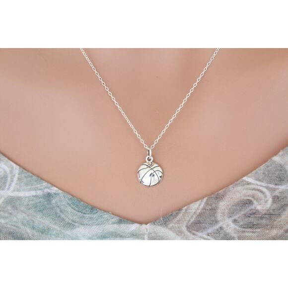 Sterling Silver Basketball Charm Necklace, Silver Basketball Pendant Necklace - Picture 1 of 4